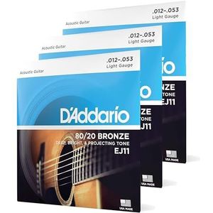 D'Addario EJ11-3D Light 12-53 Brons 80/20 gitaarsnaren voor akoestische gitaren, 6-snaar, diep, heldere kleuren, 3 stuks