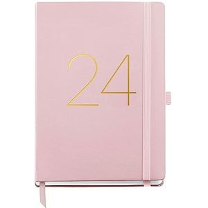 Miquelrius - Jaarlijkse agenda 2024, dagboek, plus grootte 155 x 213 mm (vergelijkbaar met A5), hardcover van kunstleer, genaaid, elastisch, Catalaans, Engels en Portugees, roze