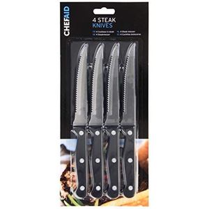 Chef Aid Set van 4 gekartelde steakmessen van roestvrij staal, veelzijdige en duurzame keukenmessen met ergonomische handgreep, antislip, roestbestendig en scherp, zwart
