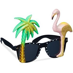 Relaxdays Flamingo & palm partybril, gouden fonkelend, kleurrijke glazen, strandaccessoires, Hawaii, kleuren