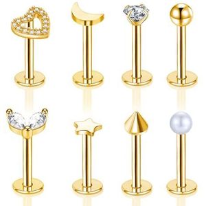 Gojewen 8 stuks lippen labret piercing 6 mm 8 mm 10 mm oorbellen roestvrij staal 16G piercing labret zilver goud helix medusa labret tragus piercing maan Cz vlinder hart, Metaal