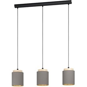 Eglo Albariza Hanglamp, 3 lichtpunten, E27, vintage/modern design, van staal, hout en textiel in zwart/natuur/cappuccino/goud, voor eetkamer en woonkamer