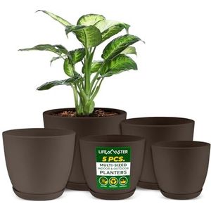 Lot de 5 pots de fleurs en plastique avec trous de drainage - Légers, durables et peu encombrants - Pour l'intérieur et l'extérieur - Fonctionnalité polyvalente - Design simple et moderne - Marron