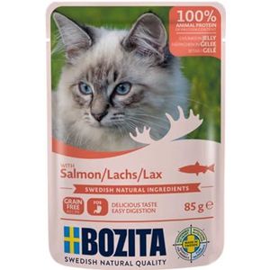 BOZITA Natvoer zalmgelei, 12 x 85 g, portiezakken, graanvrij, voor volwassen katten