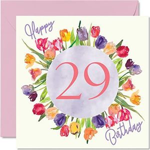 Mooie wenskaart voor de 29e verjaardag voor vrouwen – aquareltulpen – verjaardagskaart voor dochter, tante, zus, vriendin, 145 mm x 145 mm – mooie bloemen-wenskaart