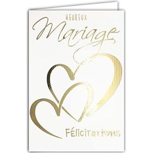 AFIE 63-1154 Gelukkige Huwelijkskaart – felicitaties met 2 harten – liefdeswensen – goud goud glanzend glinsterend chic – envelop inbegrepen – gemaakt in Frankrijk