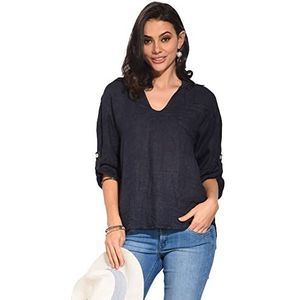 Tunique Haut Femme 100% Lin Fabriquée en Italie, Top à col V avec Manches Longues et Poches, Marine, Taille: XL, Marine, XL