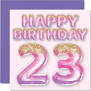 23 verjaardagskaart voor vrouwen, ballonnen met glitter, roze en paars, verjaardagskaart voor vrouwen, 23 jaar, meisjes, zus, tante, nee, 145 mm x 145 mm, 200 jaar