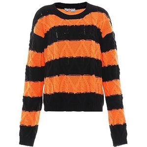 Libbi Women's Femmes Couleur Bloc Rayé Tricot Col Rond Polyester Noir Orange Taille XL/XXL Pull Sweater, Noir/orange, XL