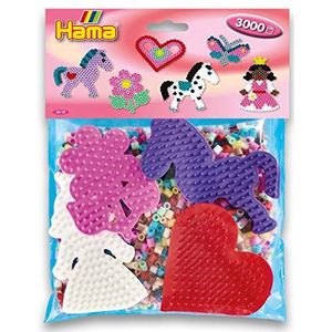 HAMA -Sachet met 4 platen (hart, prinses, pony, bloem) en 3000 strijkkralen in MIDI-formaat - knutselen