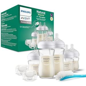 Philips Avent Natural Response glazen flessenset voor pasgeborenen, 5 flessen, 2 ultra zachte fopspenen 0-6 maanden, flessenborstel, BPA-vrij (model SCD879/11)