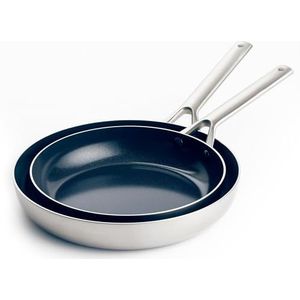 Blue Diamond Triple Steel Braadpannenset van roestvrij staal 18/10, antiaanbaklaag, versterkt met diamanten, 24 cm en 26 cm, PFAS-vrij, meerlaags, inductie, vaatwasser, oven, zilverkleurig