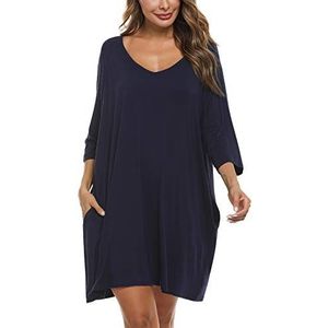 Doaraha Nachtjapon Dames Katoen Sexy Nachtjurk Korte V-hals 3/4 Mouwen, Sleepshirt Slaapshirt Nachtkleding Los voor Vrouwen Grote Maten, Donkerblauw, L