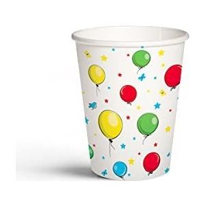 PAW - Pappbecher (250 ml) I 8 stuks I becher gedrukt met waterbestendige kleuren I eenduidig drinkbeker voor gasttijd, kinderfeest, feestbedarf, koffie, thee I koffiemok - luchtballonnen, wit, bunt