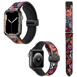Horlogeband voor Apple Iwatch 22 mm (38/40/41/42/44/45 mm) gemaakt van siliconen en echt leer: kleurrijke bloemen