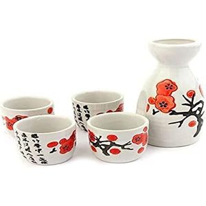 lachineuse - Sake-set kersenbloesems - met 4 kommen en karaf - Japanse sake glazen - Chinees Aziatisch servies cadeau - traditioneel Japans porselein porselein sake service - wit en rood