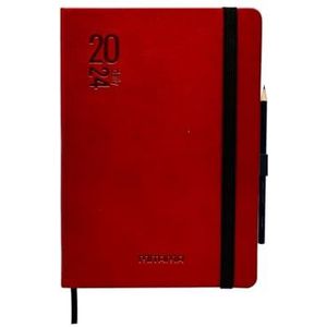 MITAMA Agenda Elegance Red – dagelijkse planner – 12 maanden 2024 – 366 pagina's + 66 extra inhoud – omslag van eco-leer + bijpassend potlood – 15 x 21 cm