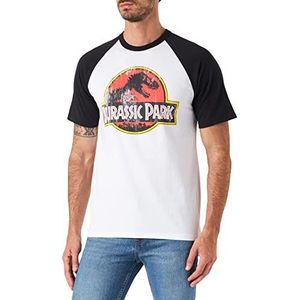 Jurassic Park Heren T-shirt met antiek logo, Wit/zwarte raglan.