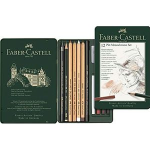 Faber-Castell Potloodset Pitt Monochroom, metalen doos met 12 kleine veelkleurige kleuren