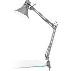 EGLO Tafellamp Firmo, 1-lichts klemlamp vintage, industrieel, retro, bureaulamp van staal en hoogwaardig kunststof, klemlamp in zilver, lamp met schakelaar, E27-fitting
