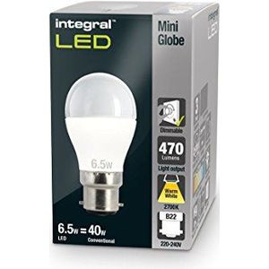 Integral ILP45B22O6.0N27KBEMA LED-lampen, mini-globe, 6 W (40 W), 2700 K, 470 lm, B22, niet dimbaar, opaal, B22d, 6 W, wit