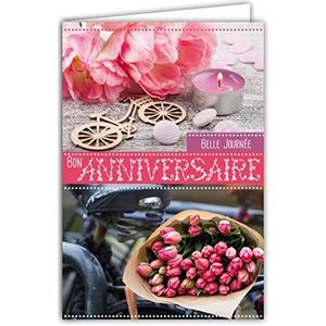Afie 65-1219 kaart voor verjaardag, voor meisjes, dames, bloemenboeket, tulpen, rozen, kaars, fiets, van hout, decoratie, gemaakt in Frankrijk, 65-1219