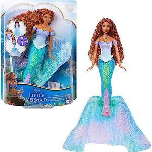 Disney Princess De kleine zeemeermin pop Ariel 2-in-1 transformeerbaar in een mens of zeemeermin door op zijn schelphanger te drukken, om te verzamelen, speelgoed voor kinderen, vanaf 2 jaar, HLX13