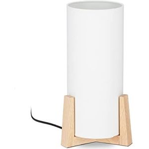 Relaxdays Tafellamp houten voet lampenkap rond modern design E14 bedlampje h x d: 33 x 15 cm wit/natuurlijk