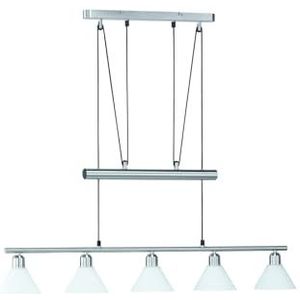 TRIO, Hanglamp, Stamina 5 x E14, max. 40,0 W, opaalglas, wit, lichaam: metaal, nikkel mat L: 102,0 cm, L: 14,0 cm, H: 180,0 cm, IP20, in hoogte verstelbaar