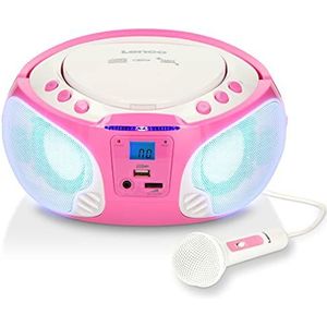 Lenco SCD-650 Draagbare CD-radio, boombox voor kinderen, USB en microfoon, boombox, 6 W, USB-weergave, AUX, FM-radio, roze