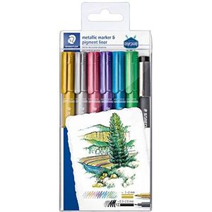 Staedtler Metallic marker 8323-S WP6P metallic inktstiften voor knutselen en stijlvol schrijven, pigmentinkt op waterbasis, blisterverpakking met 5 kleuren en 1 pigmentliner, 8323-S