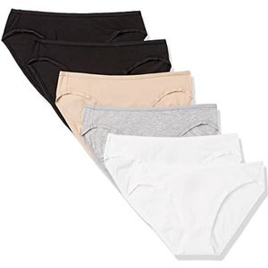 Amazon Essentials Set van 6 katoenen bikinibroekjes voor dames (verkrijgbaar in grote maten), zwart/grijs gemêleerd/lichtroze/wit, maat L
