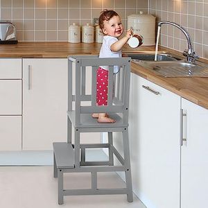 COSYLAND Leertoren voor kinderen, natuurlijk bamboe, FSC®-gecertificeerd, kantelbeveiliging, Montessori-leertoren vanaf 1 jaar, voor keuken, tafel, badkamer, grijs