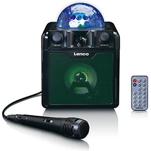 Lenco BTC-055BK BTC-055BK karaoke-systeem met Bluetooth-luidspreker en lichteffecten, ingebouwde batterij, USB-ingang, micro-SD-kaartlezer, microfoon, afstandsbediening, zwart