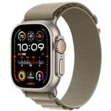 Apple Watch Ultra 2 (49 mm GPS + Cellular) Smartwatch met robuuste titanium behuizing en olijfkleurige Alpine gesp - groot. Fysieke activiteitstracker, zeer nauwkeurige GPS, actieknop,