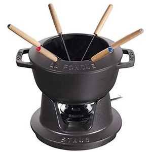 STAUB Fondueset van gietijzer, met 6 fonduevorken, voor Savoyarde, Bourgondië en Chocolade, Ø 18 cm, mat zwart