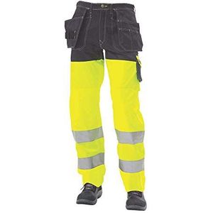 J.A.K. 1110085B112 Serie 1100 Broek, 70% polyester/30% katoen met hangzakken, EN 20471, klasse 2, geel/marine, 62 L (44/35) maat, geel, marineblauw.