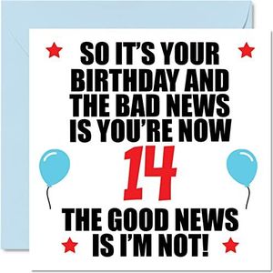 Verjaardagskaart voor de 14e verjaardag voor mannen en vrouwen, Bad News, verjaardagskaart voor 14 jaar, 145 mm x 145 mm, wenskaarten voor kwartien verjaardag
