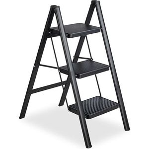 Relaxdays Vouwladder met 3 treden, lichte stalen ladder, belastbaar tot 120 kg, 85 x 42 x 66 cm (h x b x d), zwart