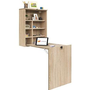 COMIFORT Hangbureau – wandbureau met klep met geïntegreerd rek, robuuste structuur, modern en minimalistisch, grote opbergnissen, kleur eiken