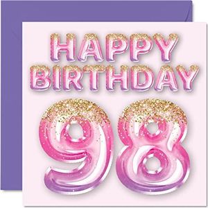 98 verjaardagskaart voor vrouwen - ballonnen met glitter, roze en paars, verjaardagskaart voor vrouwen 98 jaar mama, oma, 145 mm x 145 mm