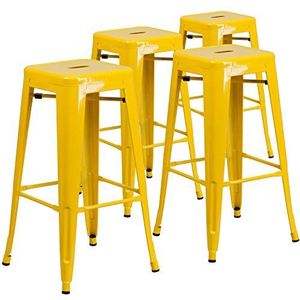 Flash Furniture Set van 4 barkrukken van metaal in commerciële kwaliteit met vierkante zitting, verzinkt staal, kunststof, geel, 76,2 cm hoog