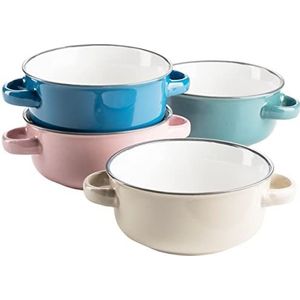 MÄSER Maila Kleurrijke keramische soepkommen voor 4 personen, emaille look met handvat, vintage design, aardewerk, petrol, oudroze, beige, donkerblauw