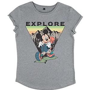 Disney Classic - Explore Mickey Travel Women's Organic Rolld Sleeve Dames T-shirt, Grijs, XL, grijs.