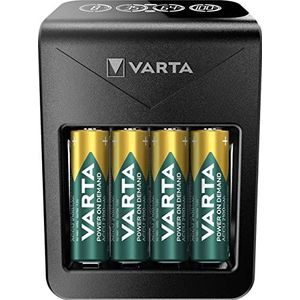 VARTA Batterijlader incl. 4 x AA 2100 mAh, oplaadbaar, oplader voor batterijen AA/AAA/C/D/9 V en USB-apparaten, Power on Demand LCD Charger+ [exclusief op Amazon]