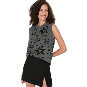 TRENDYOL Gebreid vest voor dames, ronde hals, geometrisch patroon, M, grijs, grijs.