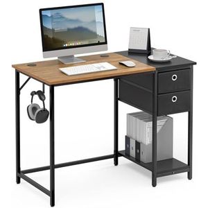 Mondeer Computerbureau met 2 laden en legplank links of rechts, 100 x 50 x 76 cm, industriële stijl, thuiswerkstation, rustiek bruin en zwart