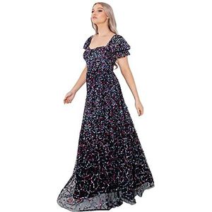 Maya Deluxe Maxi-jurk voor dames, pailletten, korte mouwen, hartvormige kraag, hoge taille, marineblauw, zwart, 46, zwart.
