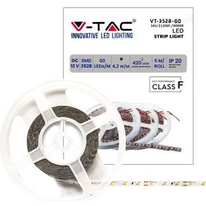 V-TAC 4,2 W IP20 LED-strip voor binnen, 5 meter lang, SMD 3528, hoge helderheid, 4000K natuurlijk wit licht, ledstrips, plakstrip en siliconen deksel, 12 volt