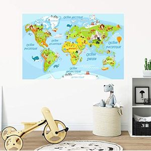 Zelfklevende stickers voor kinderen, wereldkaart, wanddecoratie voor kinderkamer, 60 x 90 cm